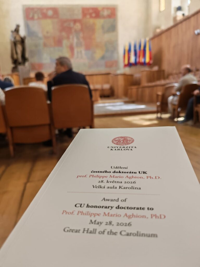Picture of honorary doctorate award for Professor Philippe Aghion.