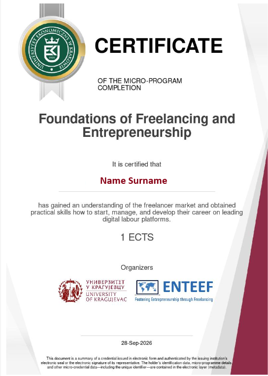An example of a microcredencial certificate issued by Krakow University of Economics.
