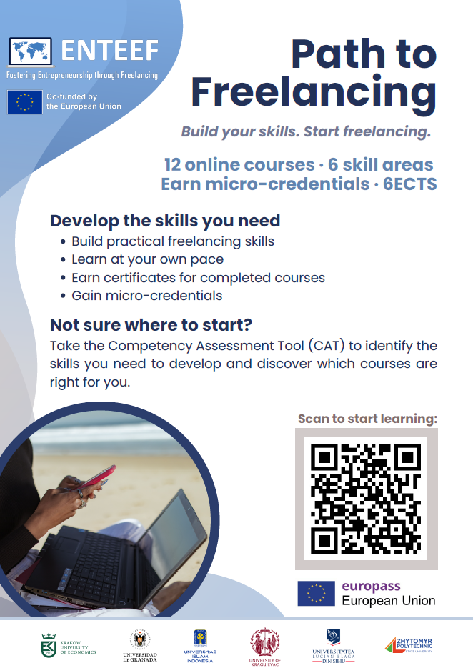 The poster Path to Freelancing. Build your skills. Start freelancing. It contains the qr code of the MOOCs platform and the logo of europass.